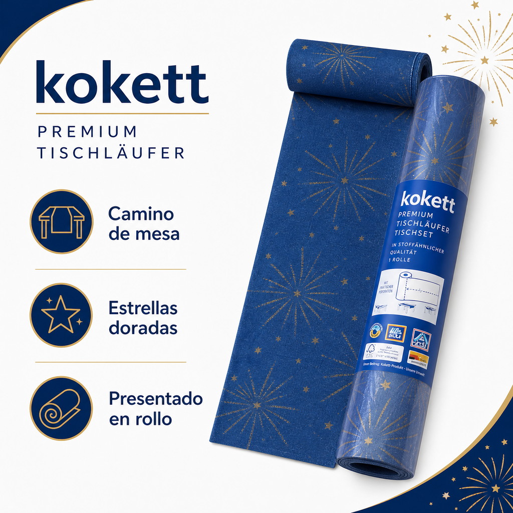 Kokett camino de mesa decorativo azul con estampado de estrellas doradas