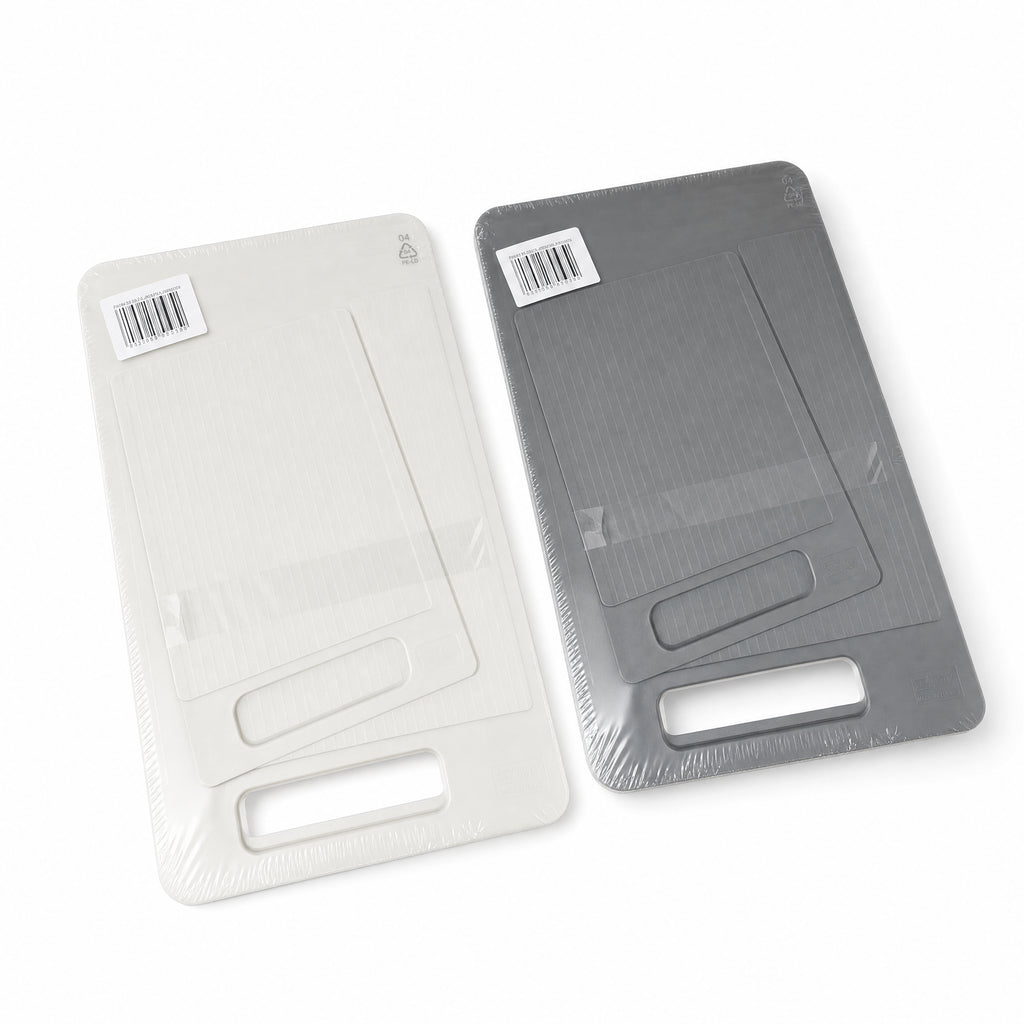 Tabla de corte rectangular estriada con asa integrada, blanco y gris