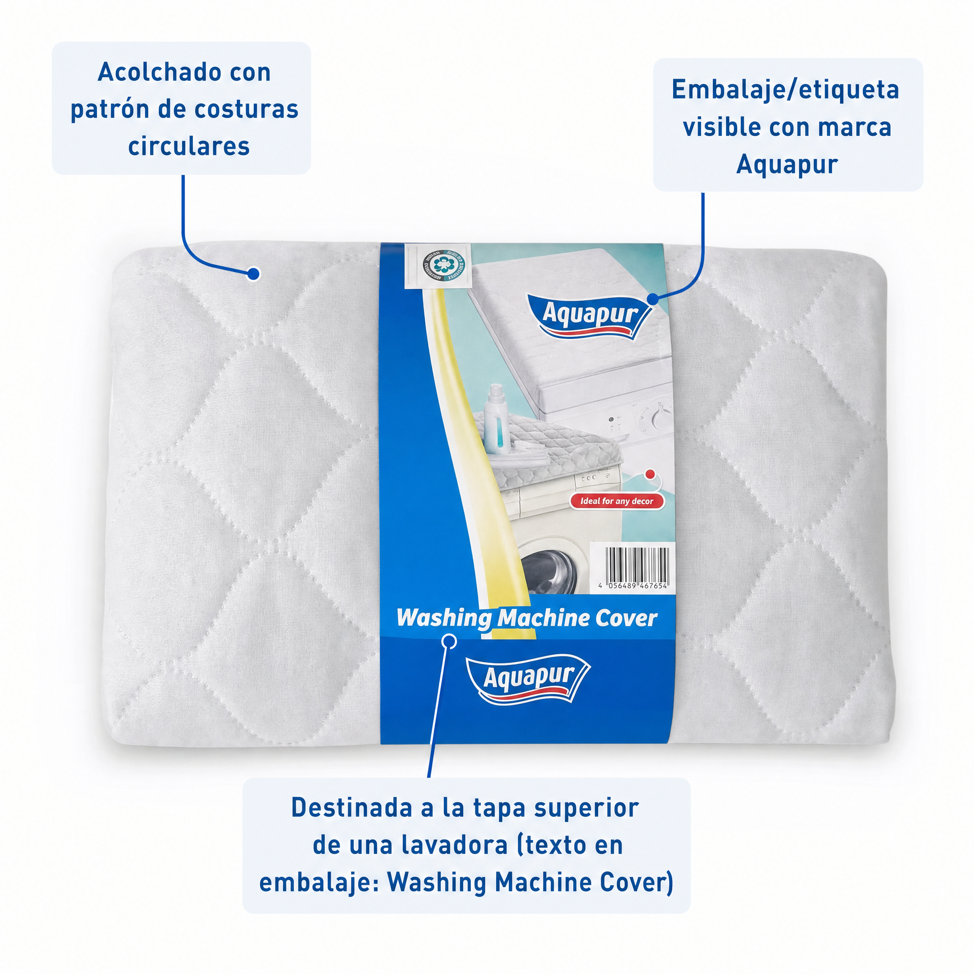 Aquapur Funda acolchada para tapa superior de lavadora con costuras circulares