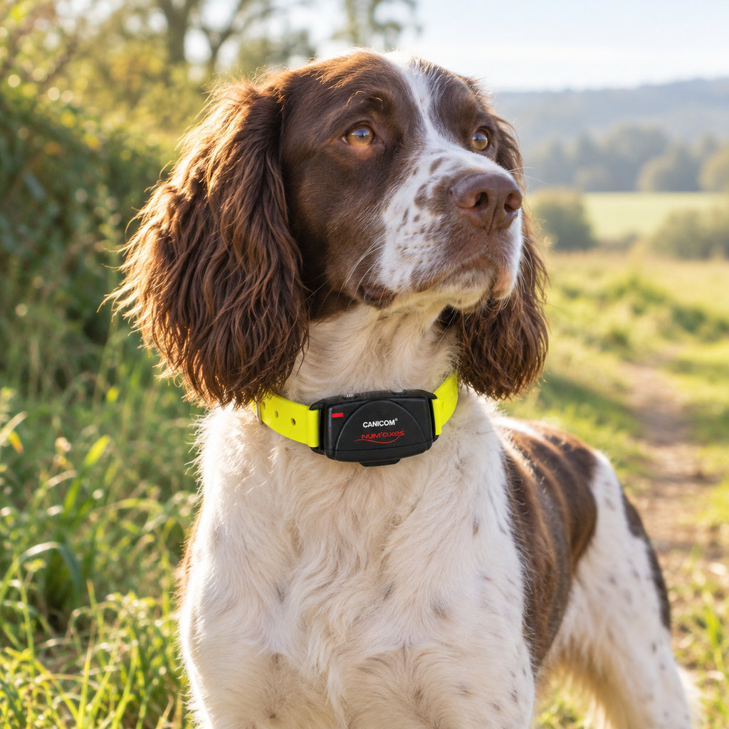 Perro con collar receptor adicional NUM'AXES Canicom amarillo