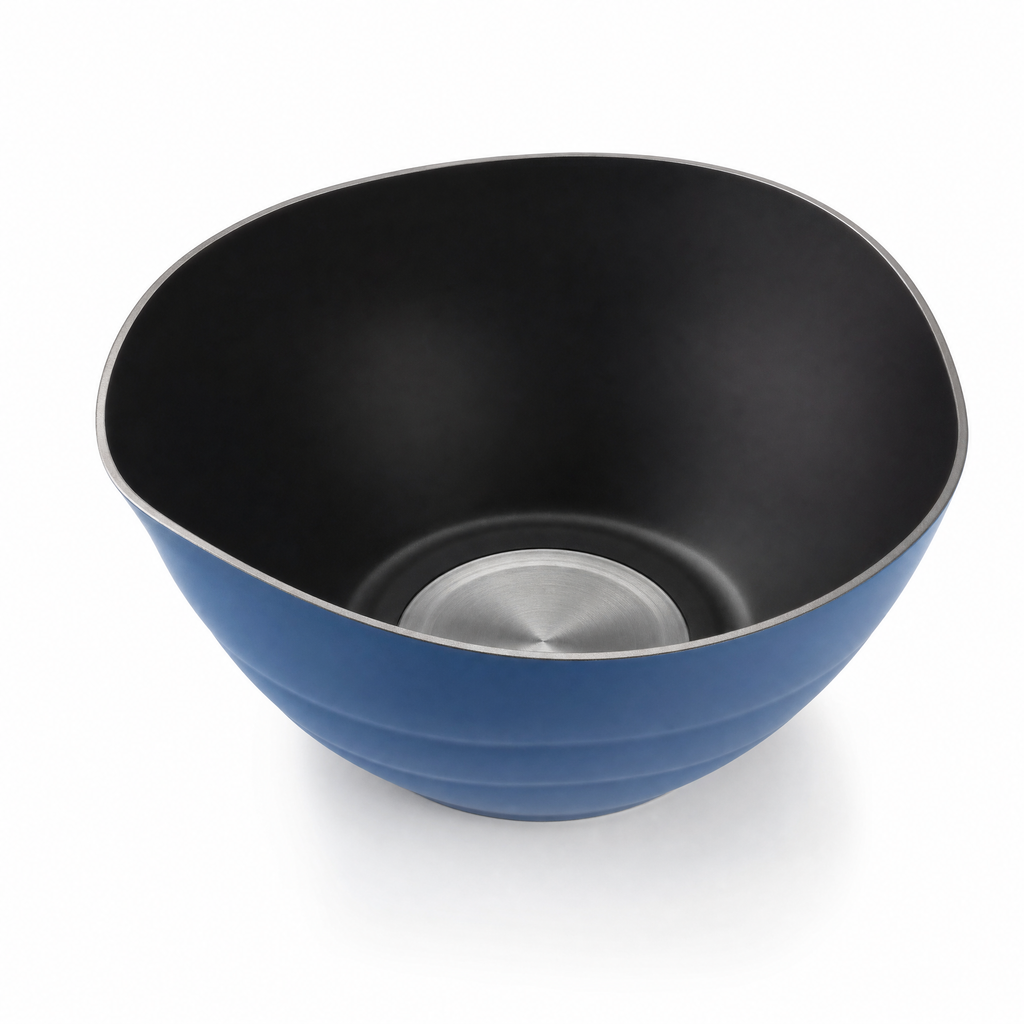 Bol de cocina azul con interior negro y pico vertedor