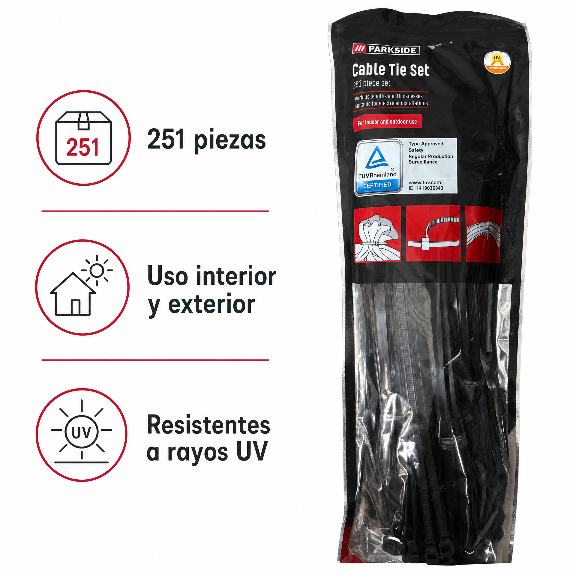Parkside Set de 251 Bridas Negras Resistentes a Rayos UV