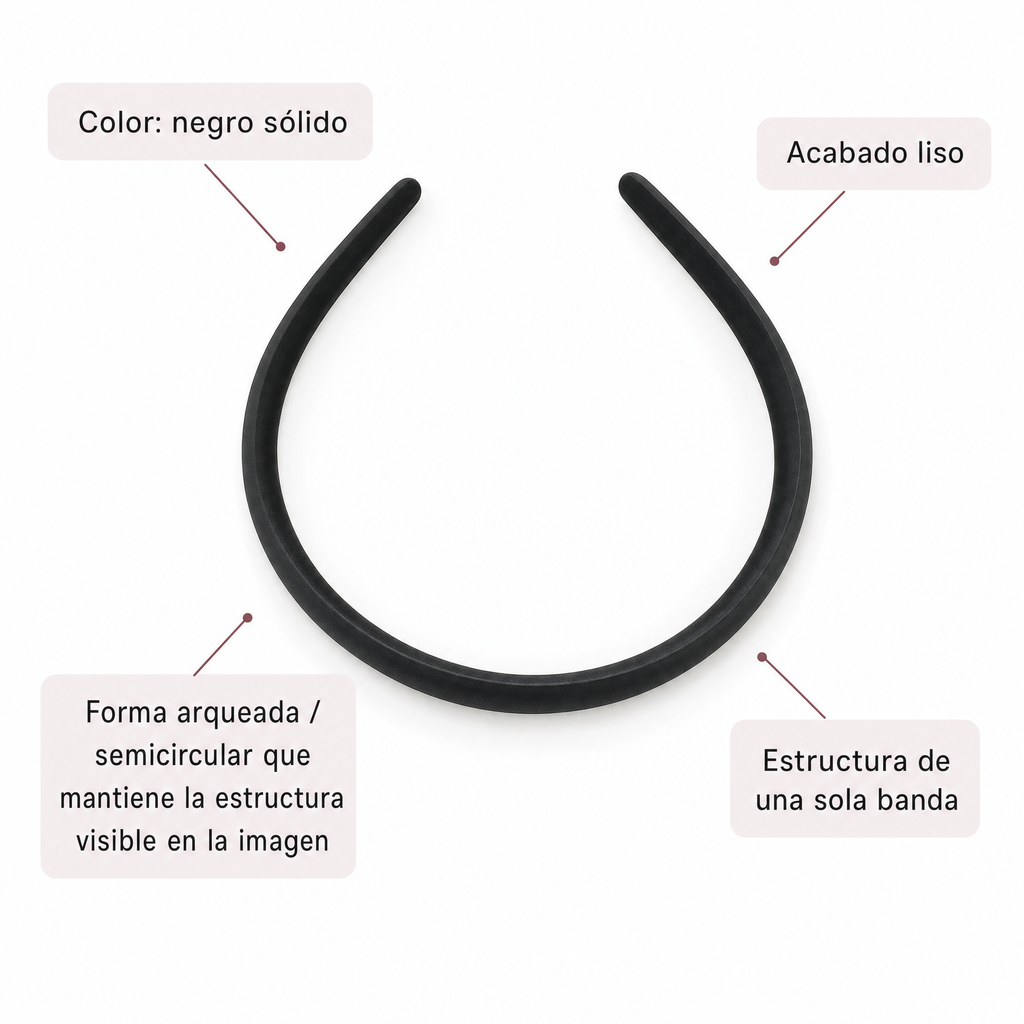 Diadema negra de una sola pieza con acabado liso y forma arqueada