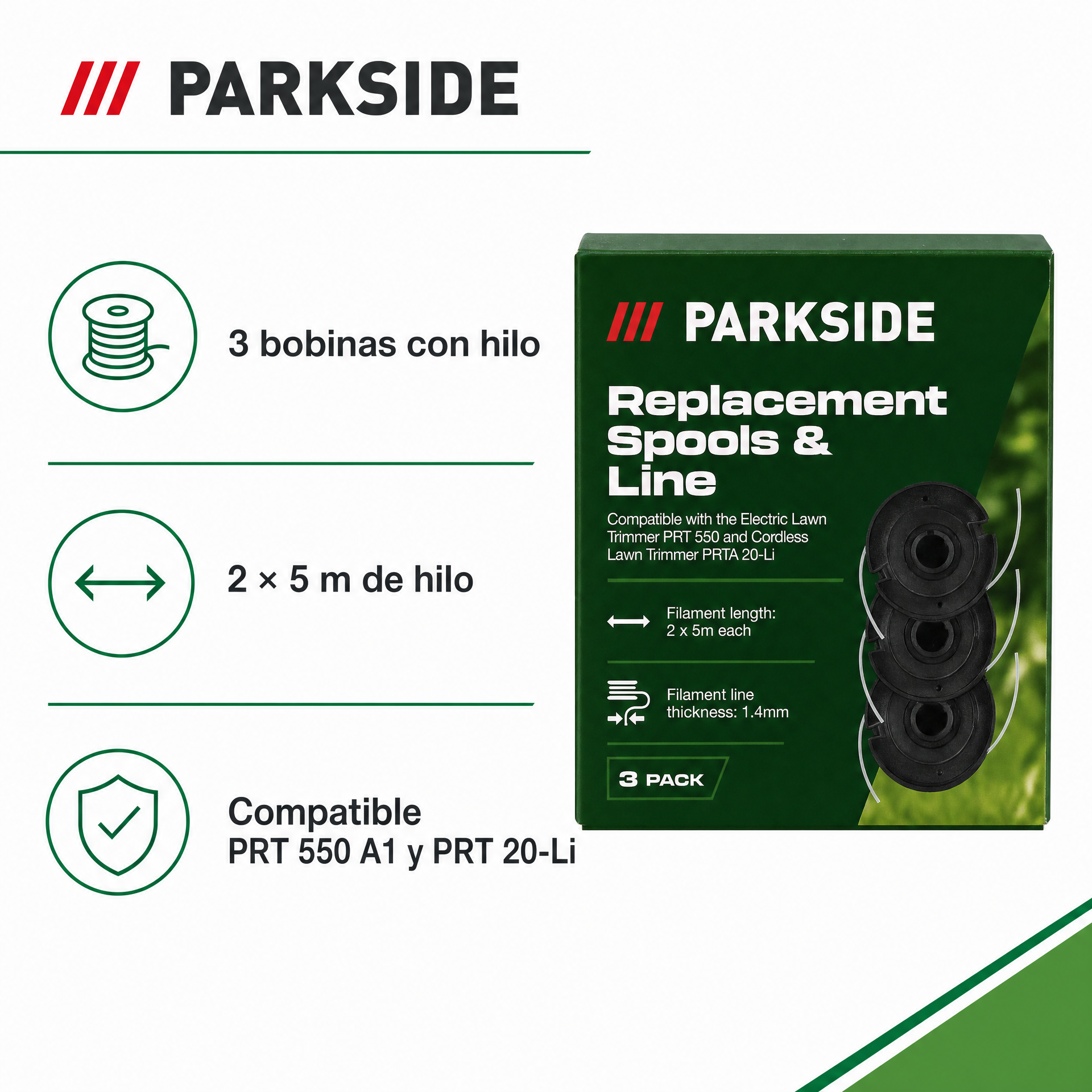 Parkside Pack de 3 Bobinas con Hilo para Cortabordes PRT 550 A1 / PRT 20-Li