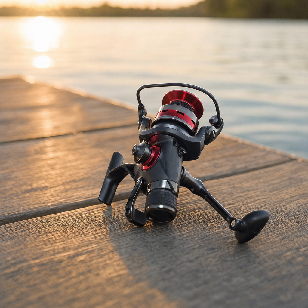 Carrete de pesca spinning rojo y negro con manivela