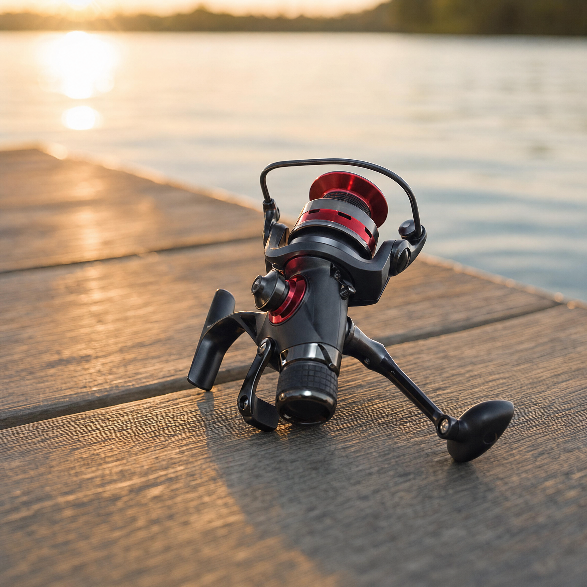 Carrete de pesca spinning rojo y negro con manivela