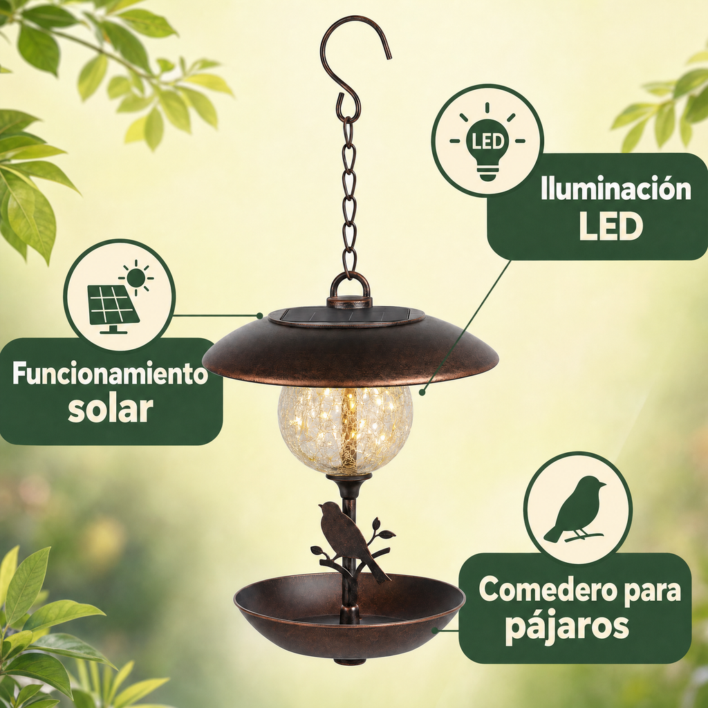 Belavi Decoración LED de jardín con bola solar y comedero para pájaros