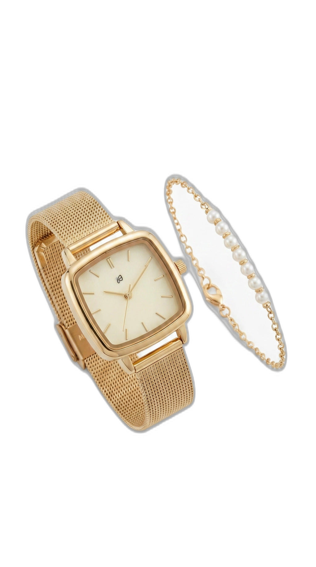 Set Reloj y Pulsera Auriol Mujer Dorado Cuadrado — Malla Milanesa + Perlas