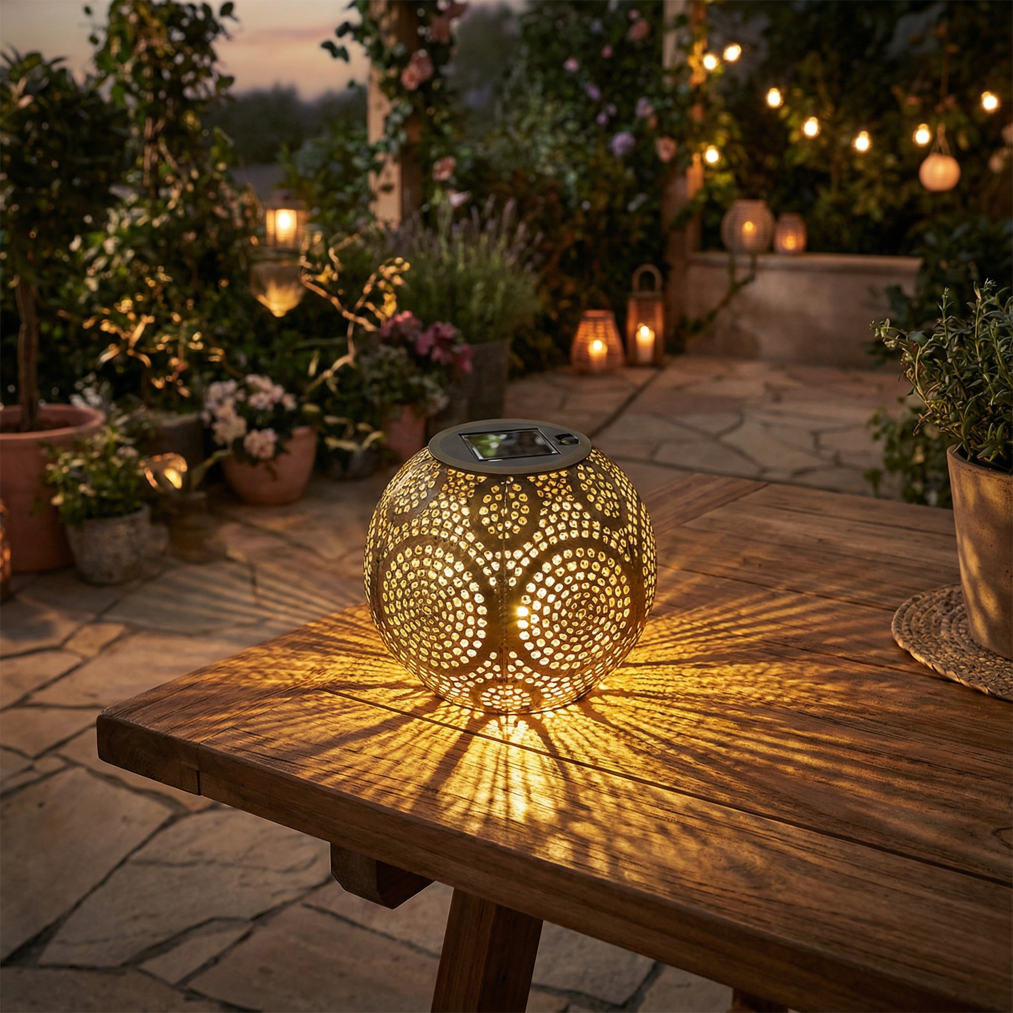 Lámpara Solar Oriental Decorativa Esfera Dorada Luz Cálida Exterior | Belavi