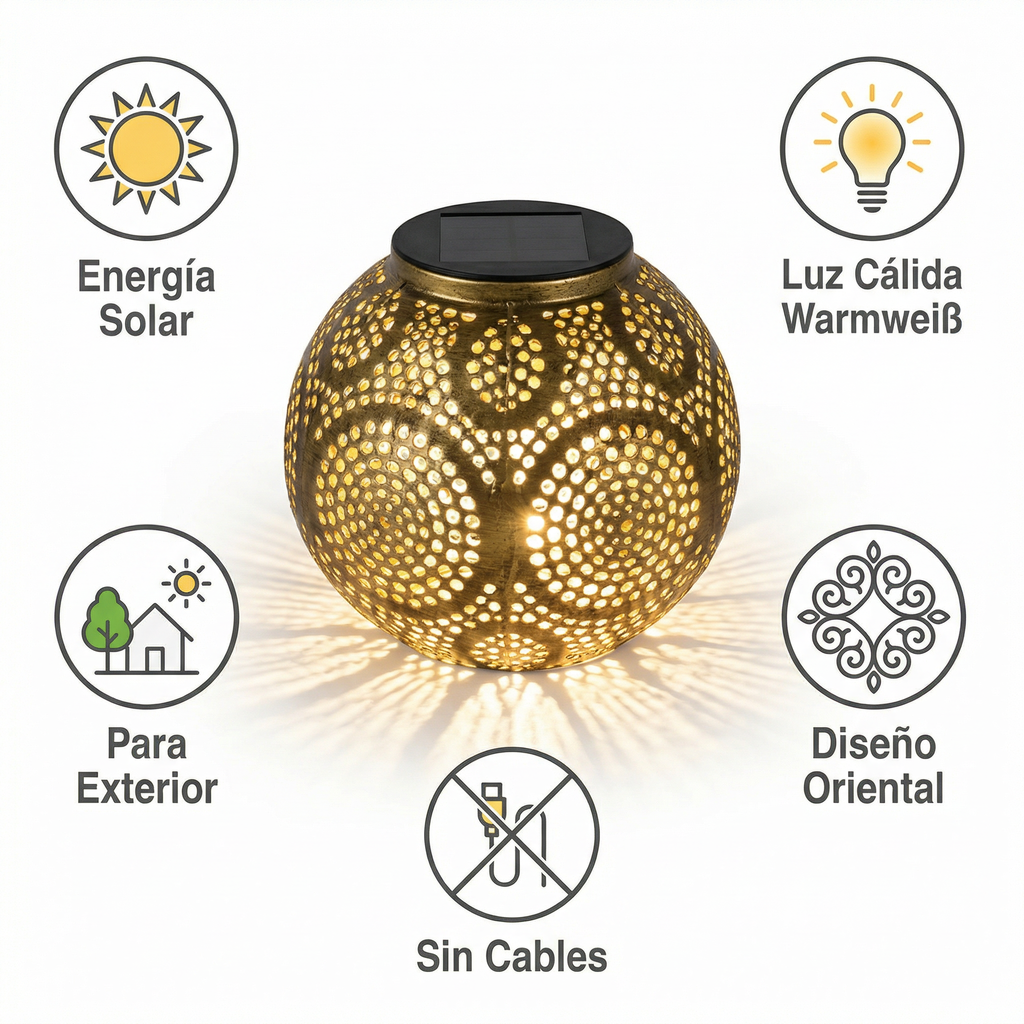 Lámpara Solar Oriental Decorativa Esfera Dorada Luz Cálida Exterior | Belavi