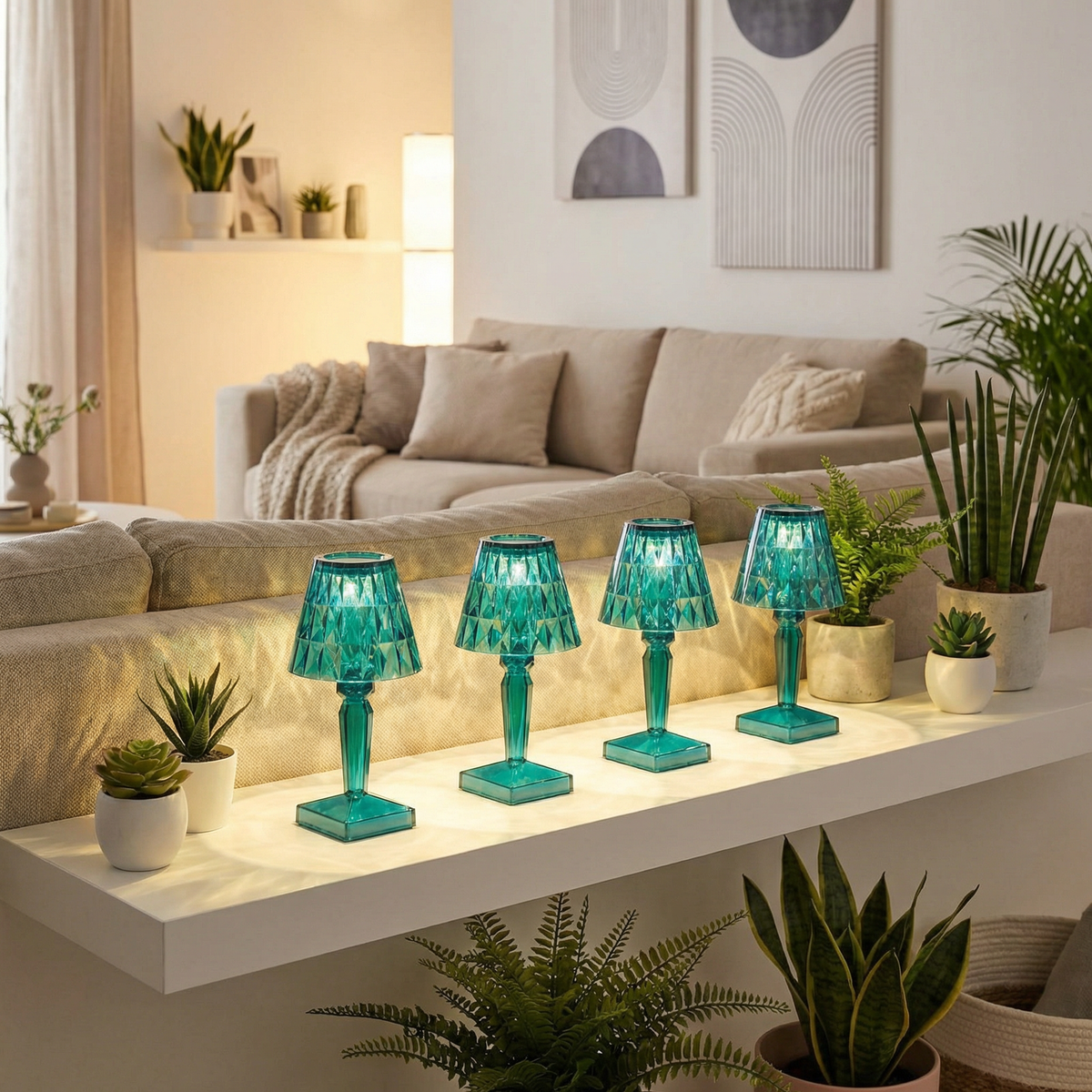 Set 4 Mini Lámparas LED de Mesa Cristal Facetado Turquesa a Pilas | Casalux