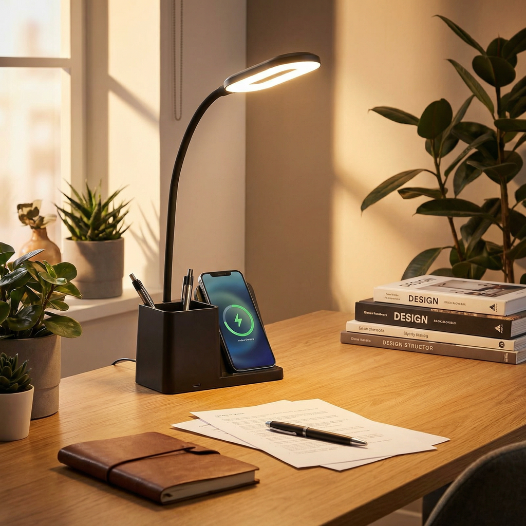 Flexo LED USB Escritorio con Carga Inalámbrica y Organizador Dimmer Táctil | Casalux