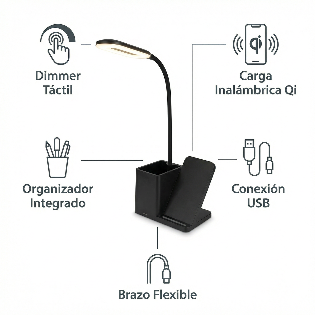 Flexo LED USB Escritorio con Carga Inalámbrica y Organizador Dimmer Táctil | Casalux