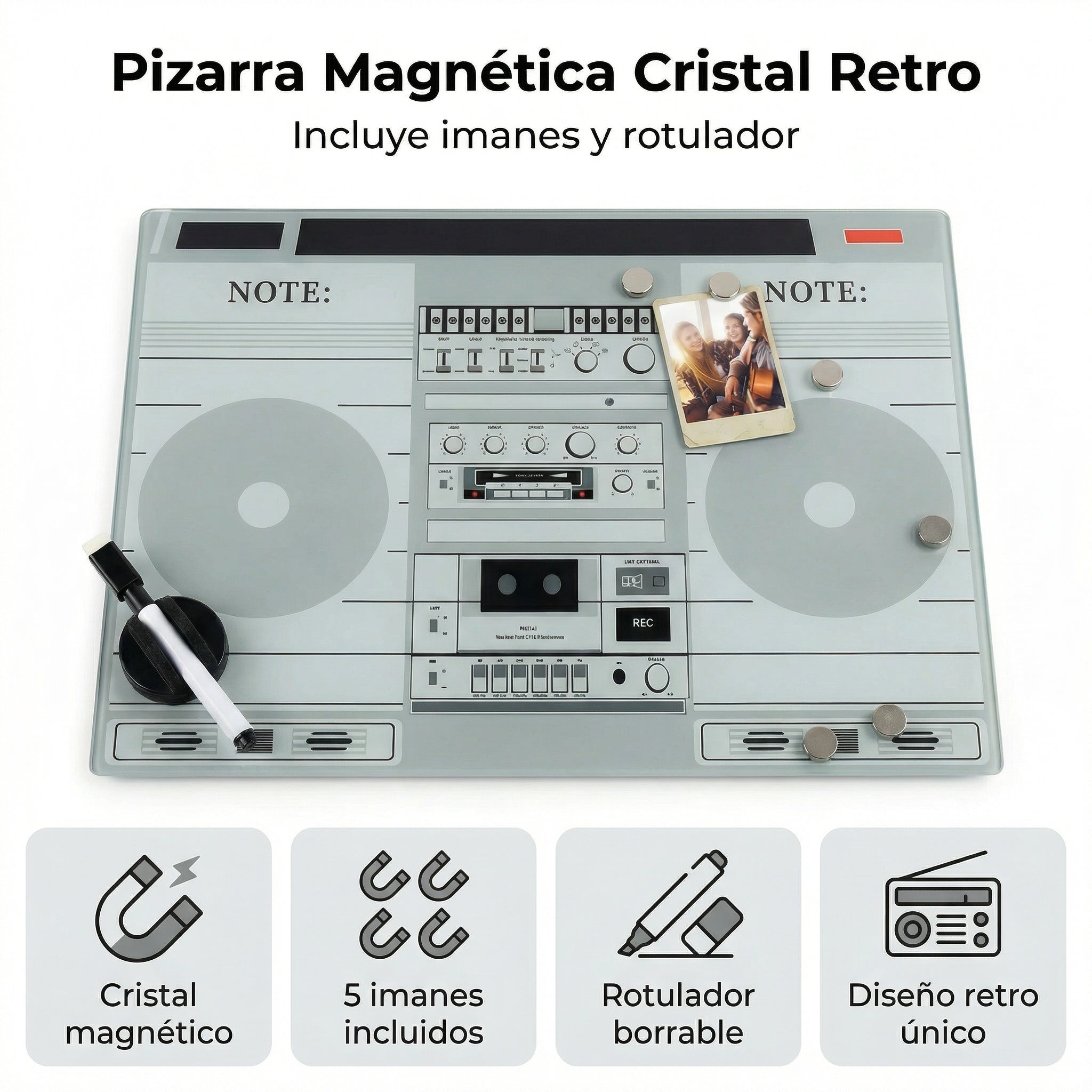 Pizarra Magnética de Cristal Diseño Retro Boombox