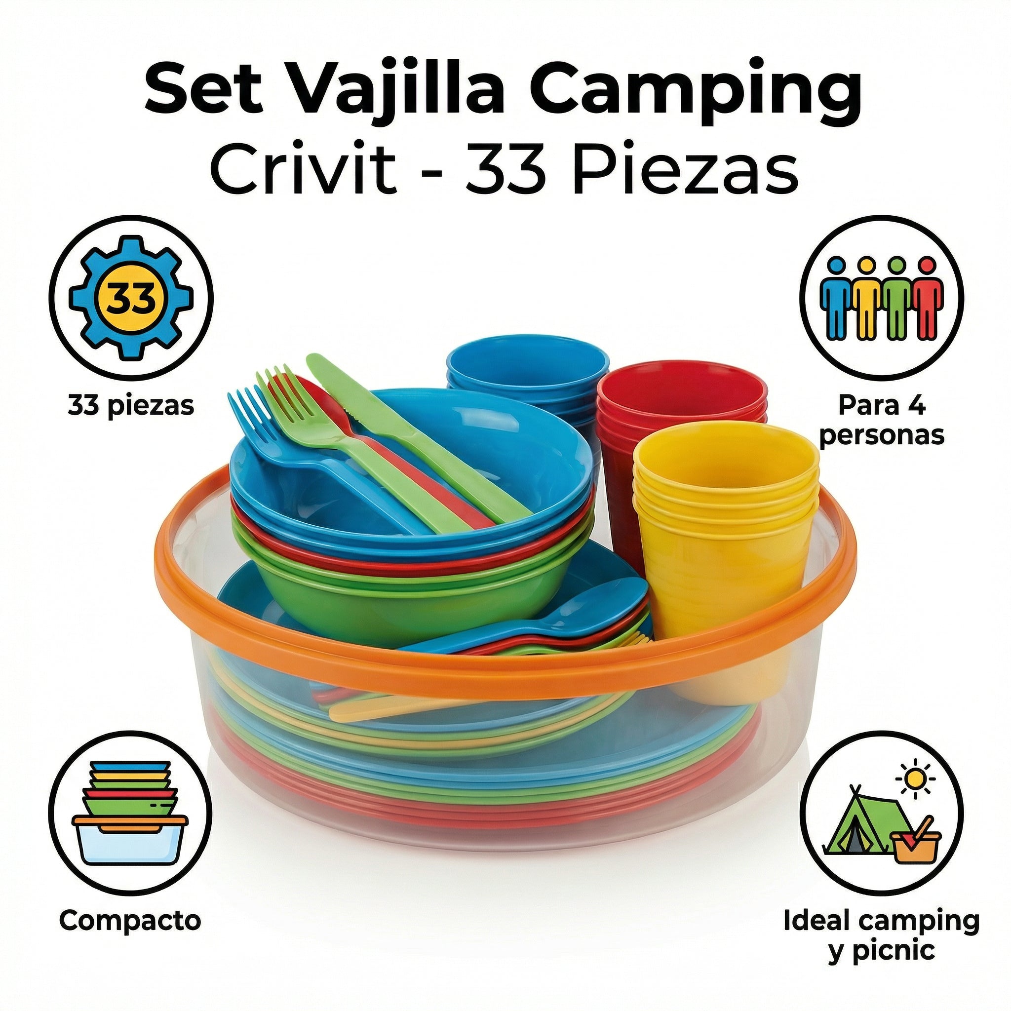 Set de Vajilla de Camping 33 Piezas para 4 Personas - Crivit