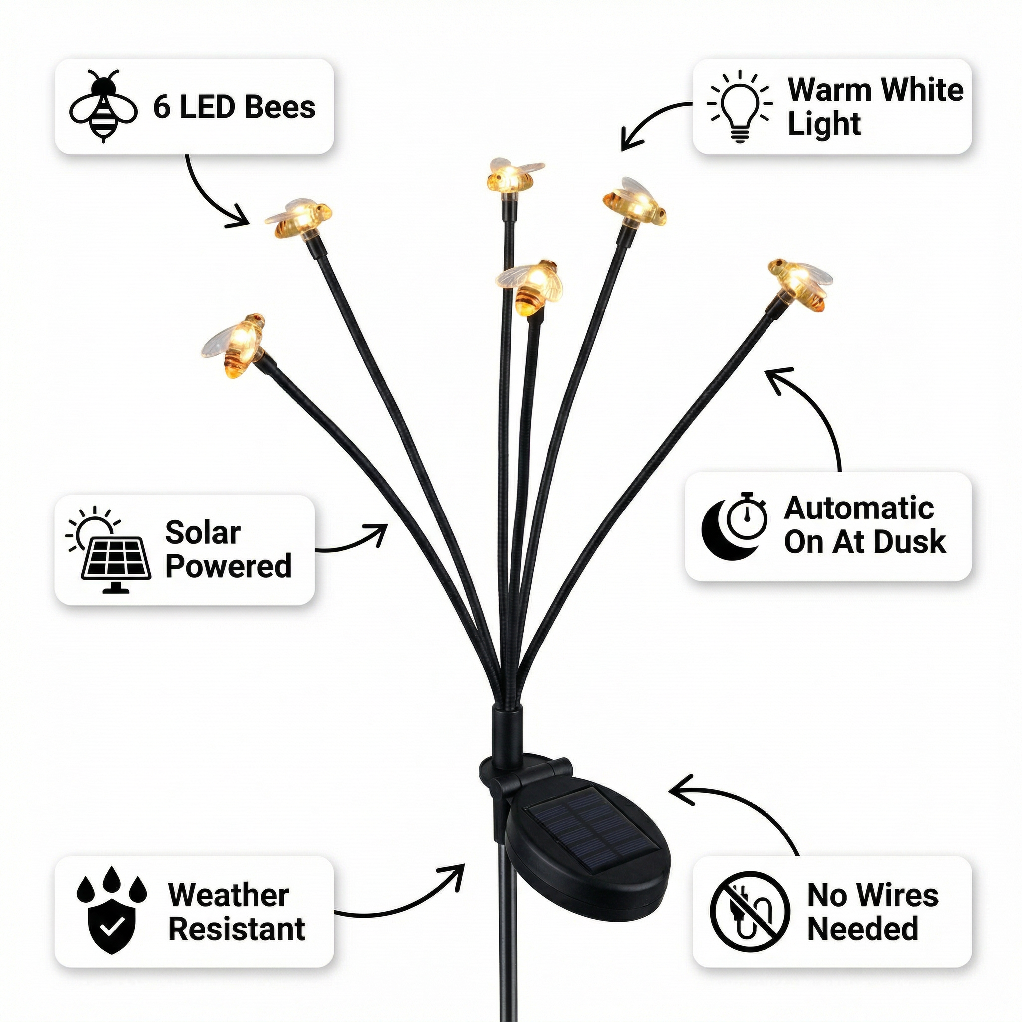 Estaca Solar Decorativa Abejas Oscilantes 6 LEDs Luz Cálida | Belavi