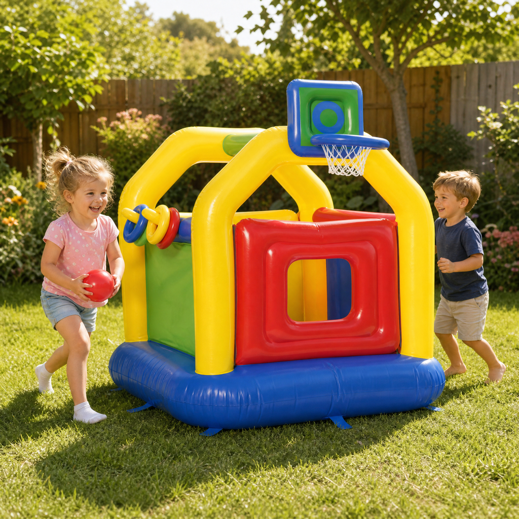 Castillo hinchable multicolor con canasta de baloncesto, aros apilables y pelota
