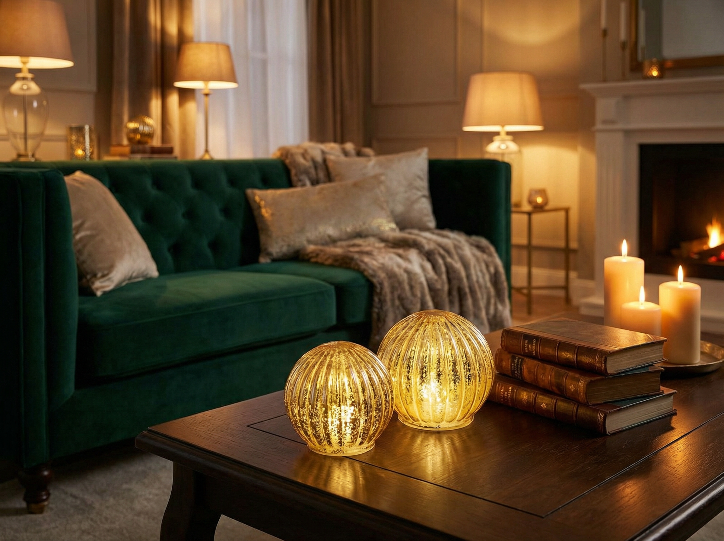 Set 2 Bolas Decorativas LED Cristal Dorado con Timer | Casalux