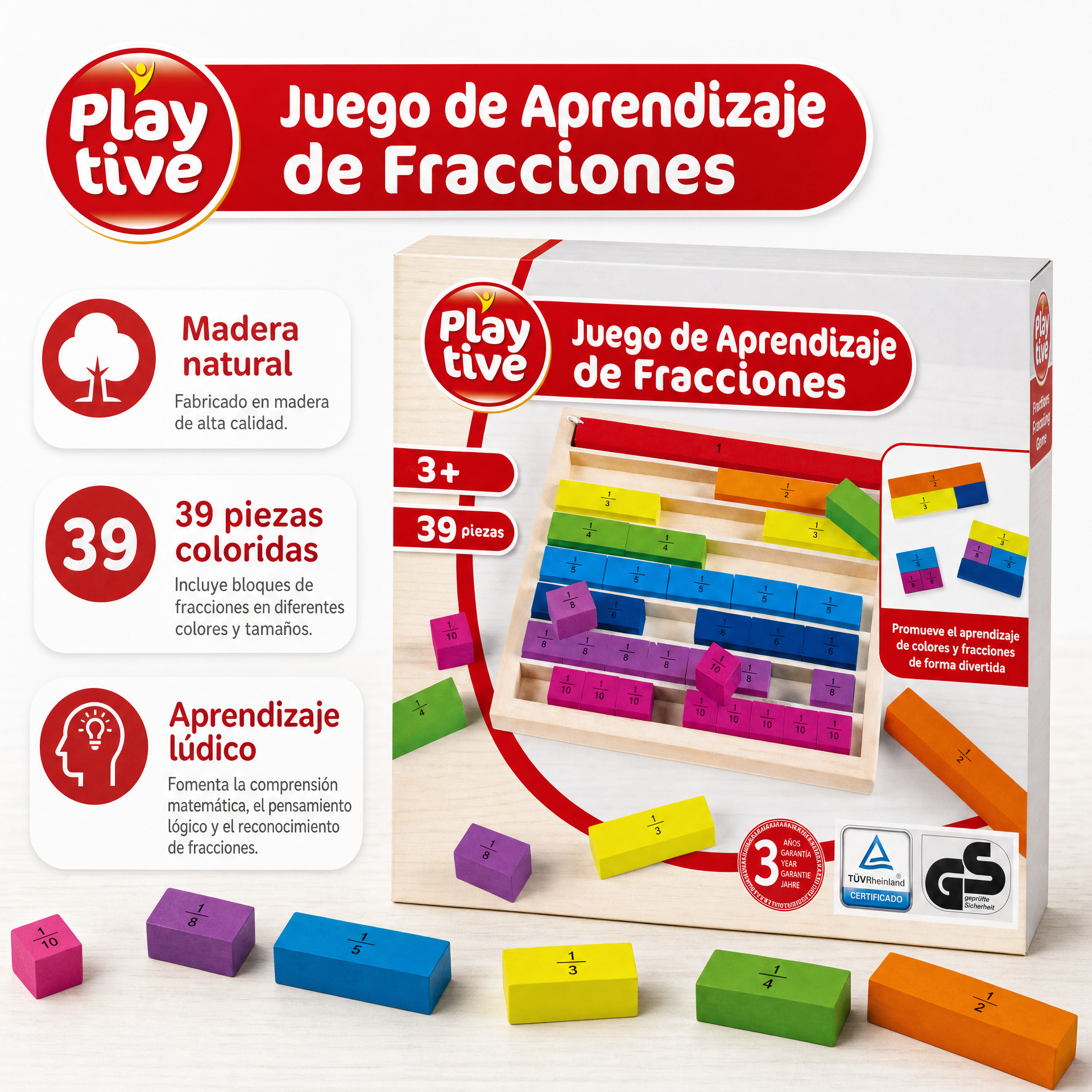 Juego educativo de fracciones, 39 piezas y bloques apilables, 3+ años