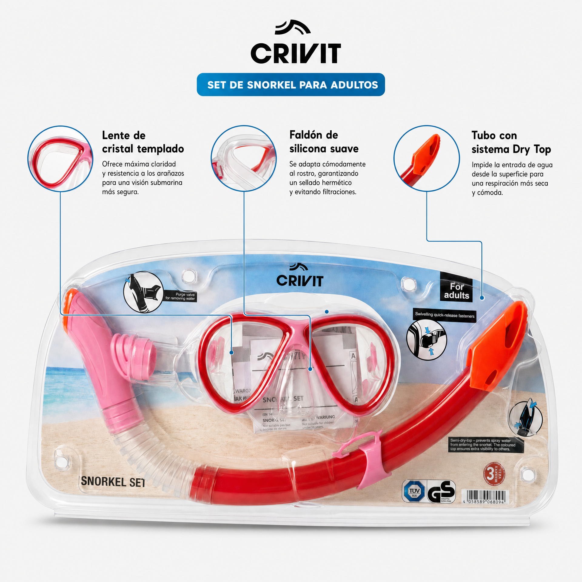 Crivit set máscara y tubo de buceo Dry Top y lente doble cristal templado