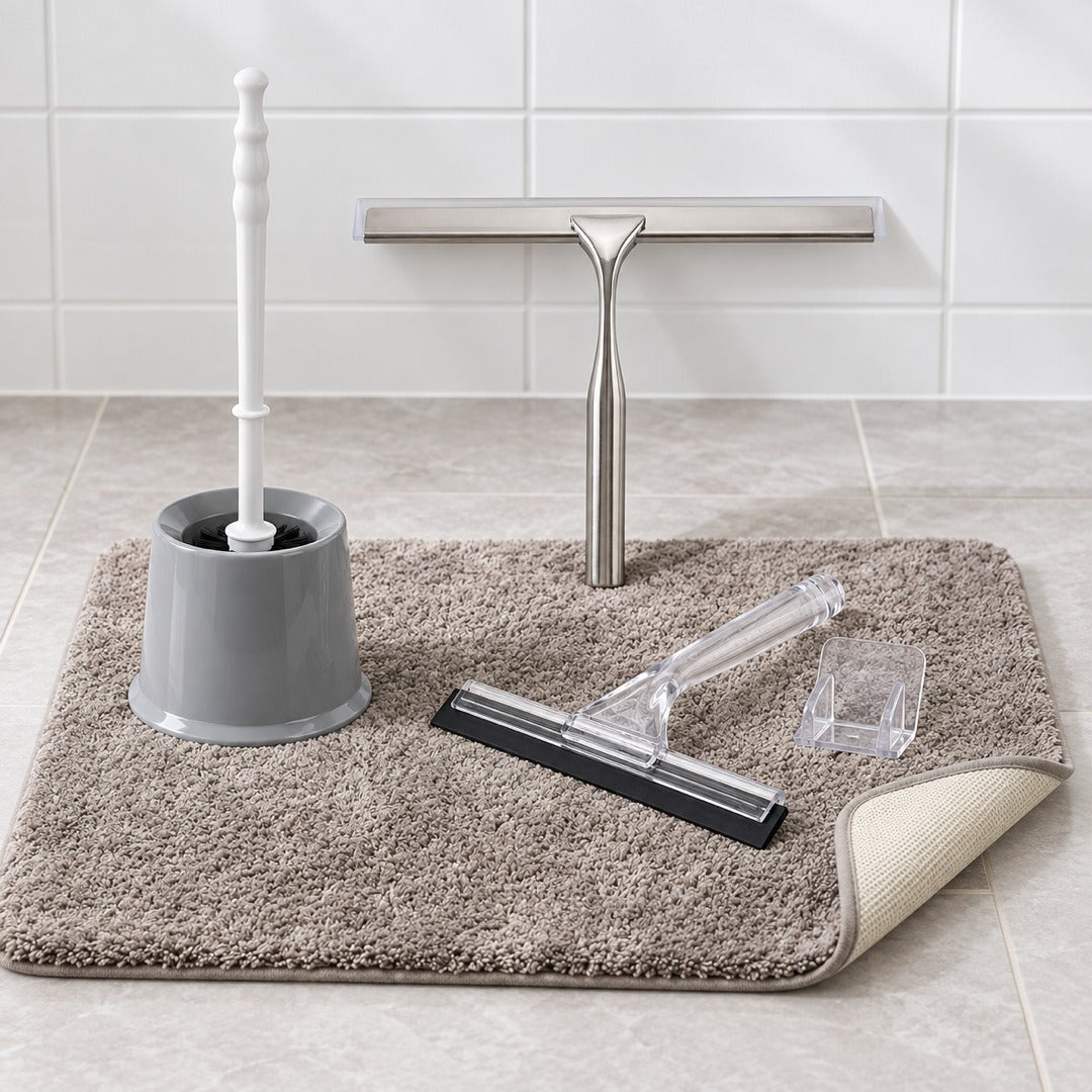 Pack Baño 4 Piezas — Escobilla Ergonómica, 2 Limpiacristales de Ducha y Alfombrilla