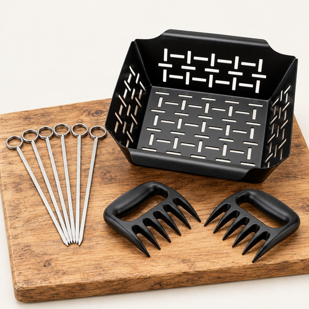 Pack Barbacoa 3 Piezas — Cesta Perforada + 6 Pinchos Inox + Garras para Carne