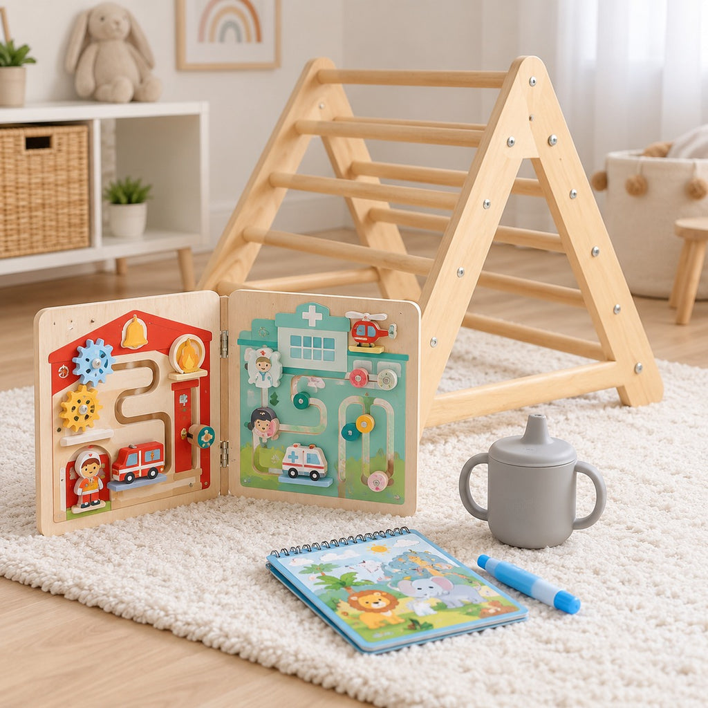 Pack Bebé Juego Libre: triángulo Pikler, tablero de madera, taza y cuaderno