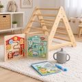 Pack Bebé Juego Libre: triángulo Pikler, tablero de madera, taza y cuaderno