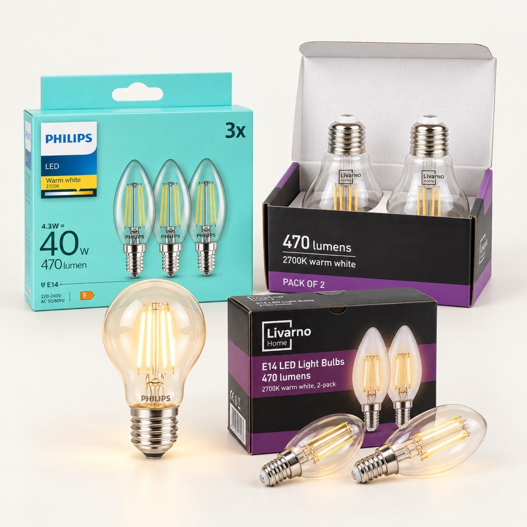 Pack Bombillas LED Luz Cálida — 11 Bombillas E14 y E27 Philips y Livarno