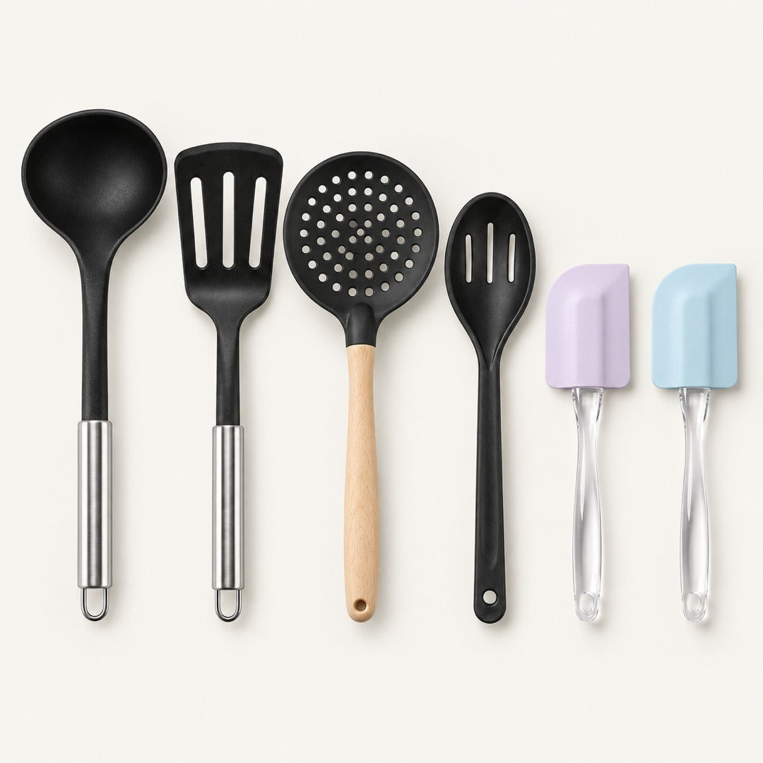 Pack Utensilios de Cocina 6 Piezas — Cucharón, Espátula, Espumadera, Cuchara Ranurada y 2 Espátulas de Silicona
