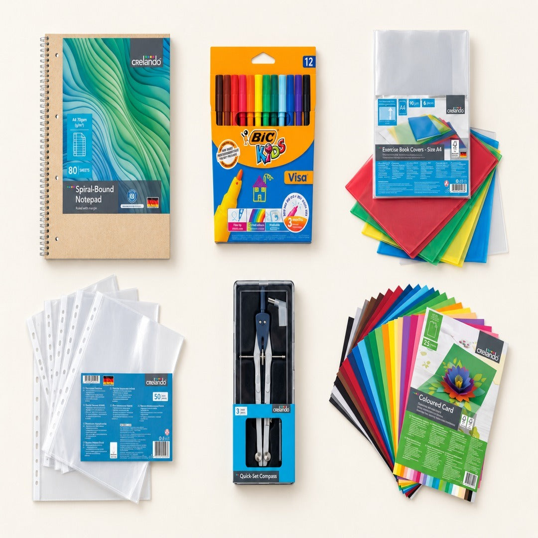 Pack Vuelta al Cole 6 Artículos — Cuaderno A4, Rotuladores, Forros, Fundas, Compás y Cartulinas