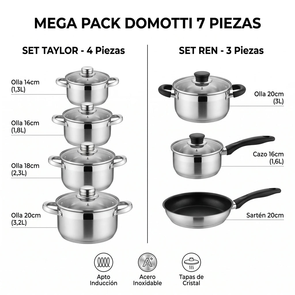 Mega Pack Domotti 7 Piezas — Batería Completa Acero Inoxidable