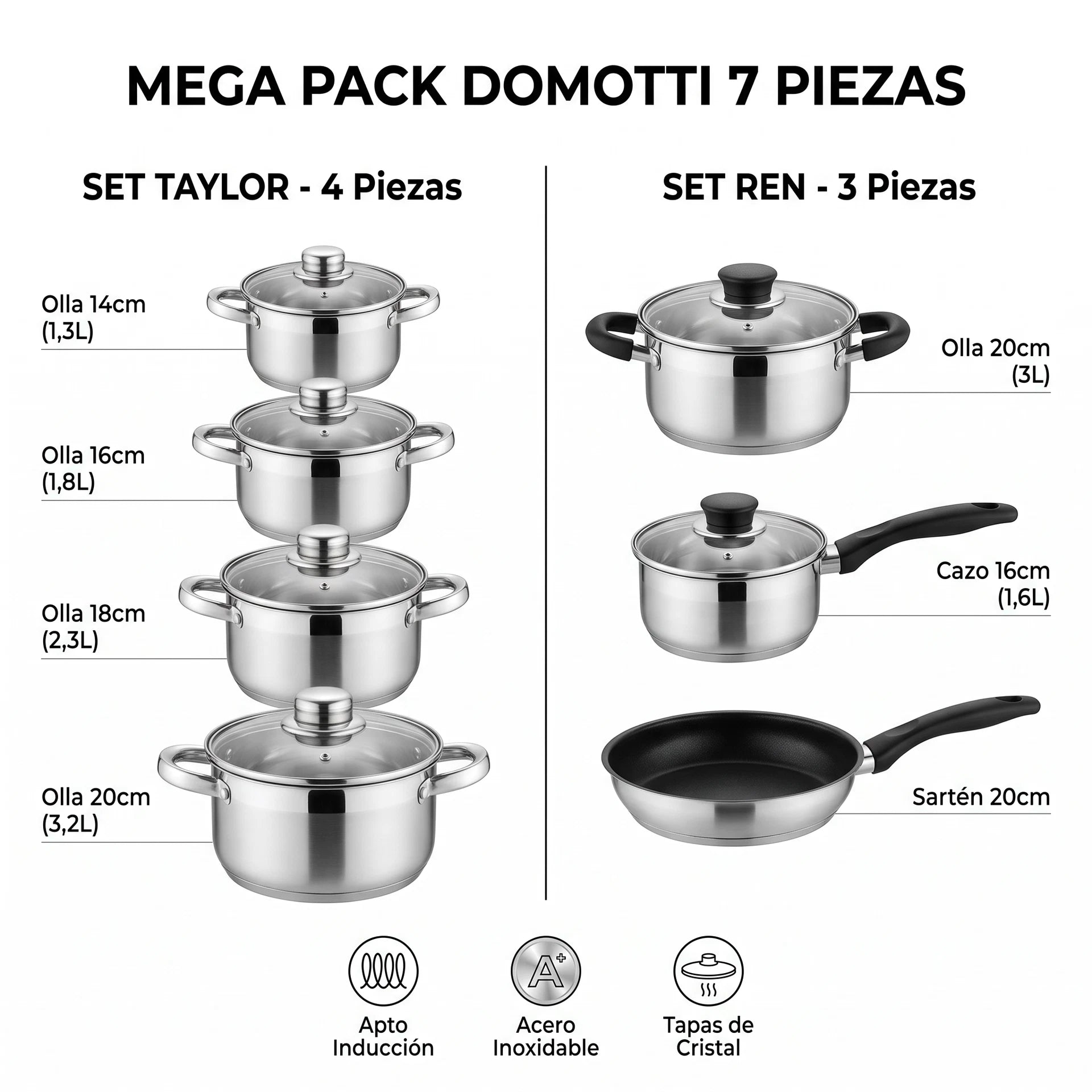 Mega Pack Domotti 7 Piezas — Batería Completa Acero Inoxidable