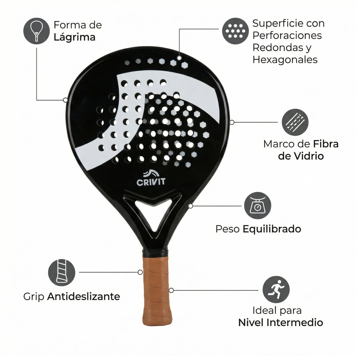 Pala de Pádel Forma de Lágrima Fibra de Vidrio | Crivit