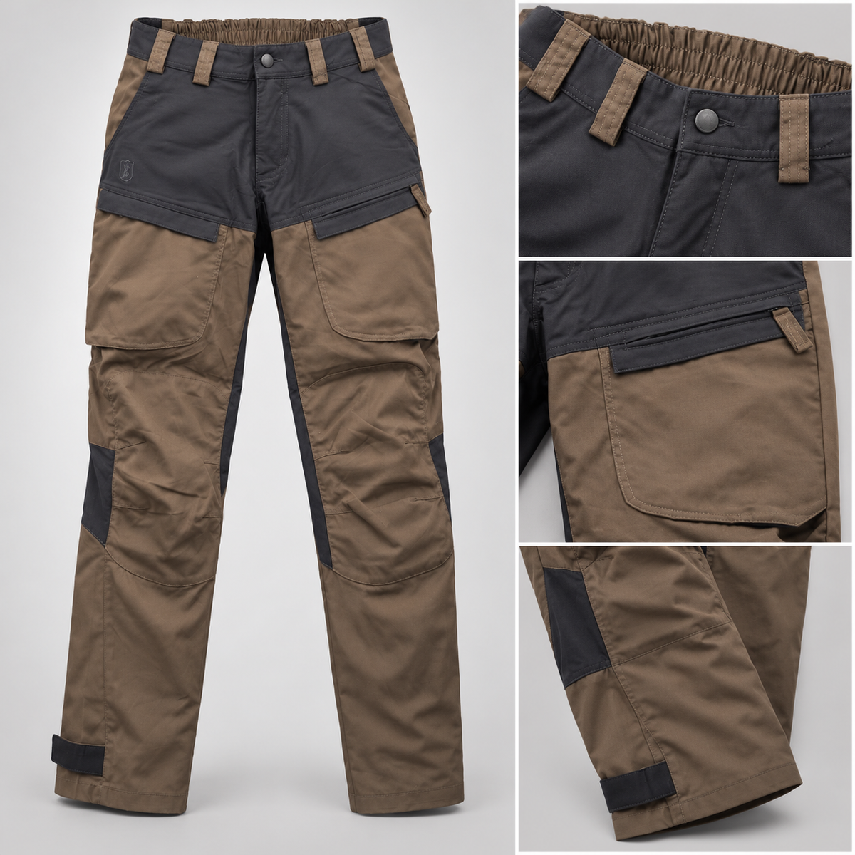 Detalles de cintura, bolsillos y rodillas del pantalón Deerhunter marrón y negro