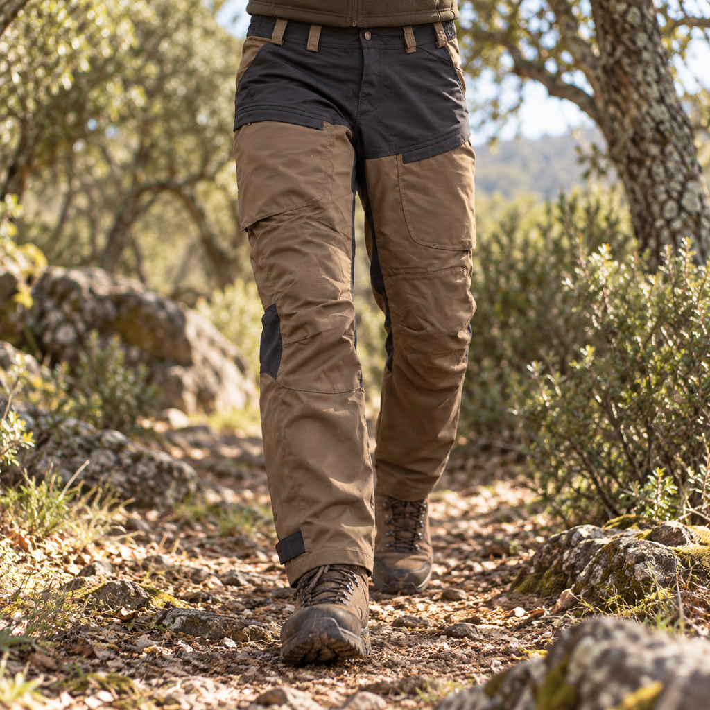 Pantalón técnico Deerhunter marrón y negro en uso por sendero de campo