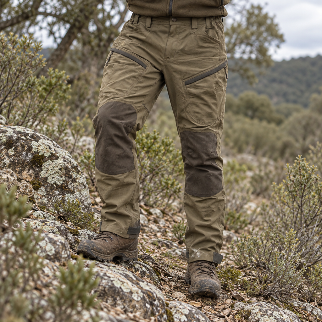 Pantalón técnico Deerhunter verde oliva talla 52 en entorno de campo