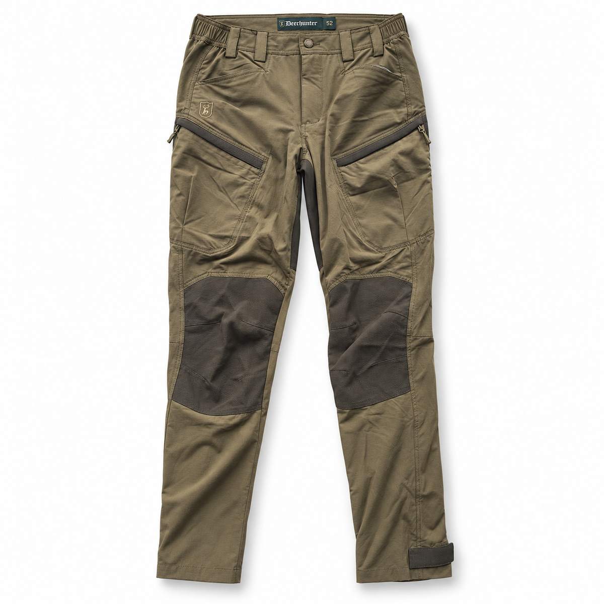 Pantalón técnico Deerhunter verde oliva con refuerzos talla 52 sobre fondo blanco