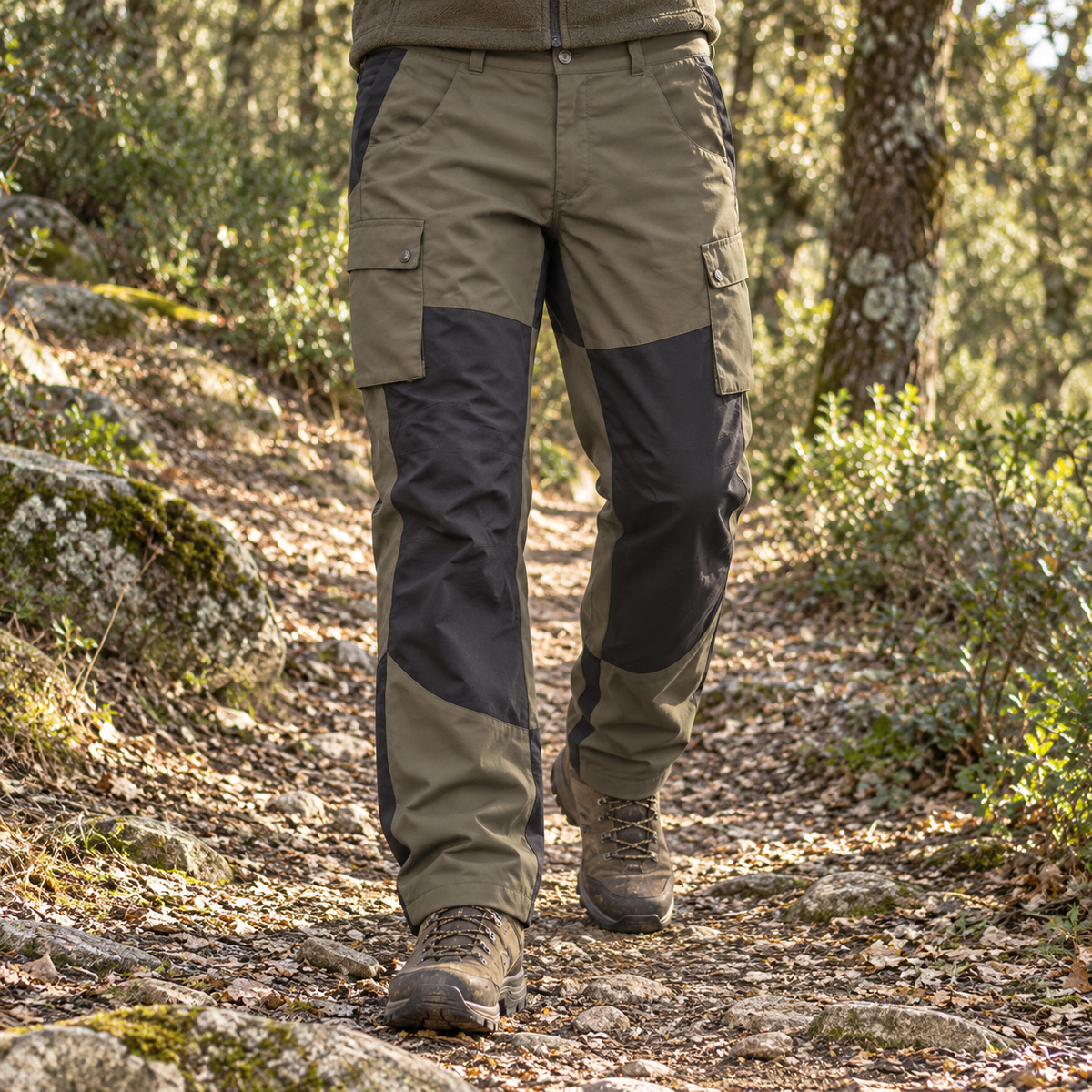 Pantalón técnico Gamo caqui y negro en uso por sendero de campo