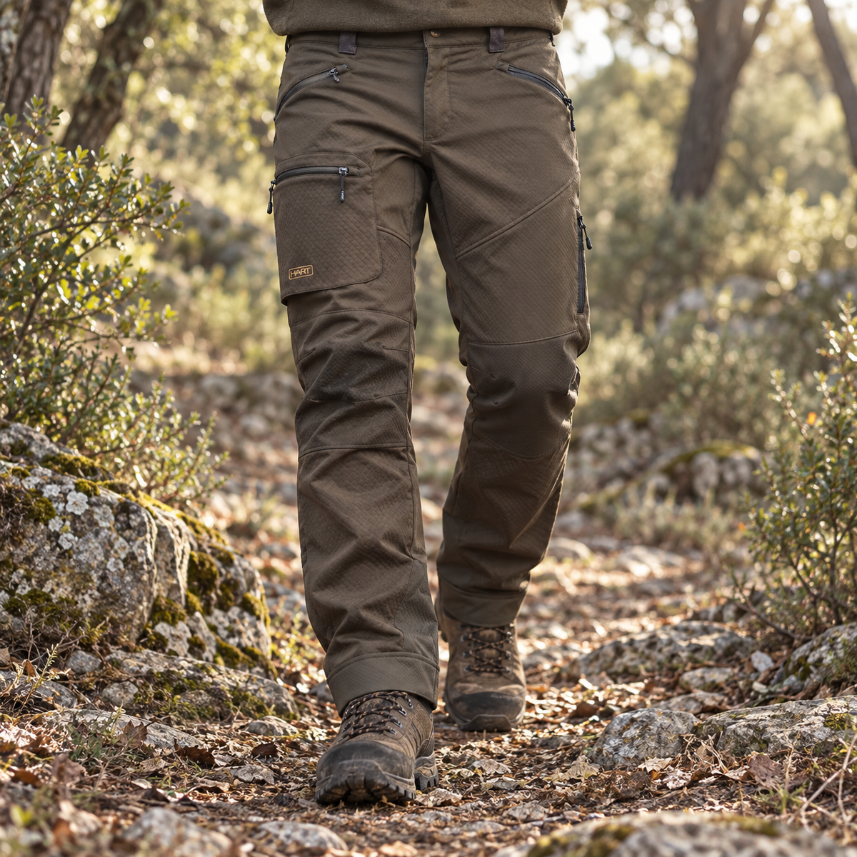 Pantalón técnico HART marrón en uso por sendero de campo