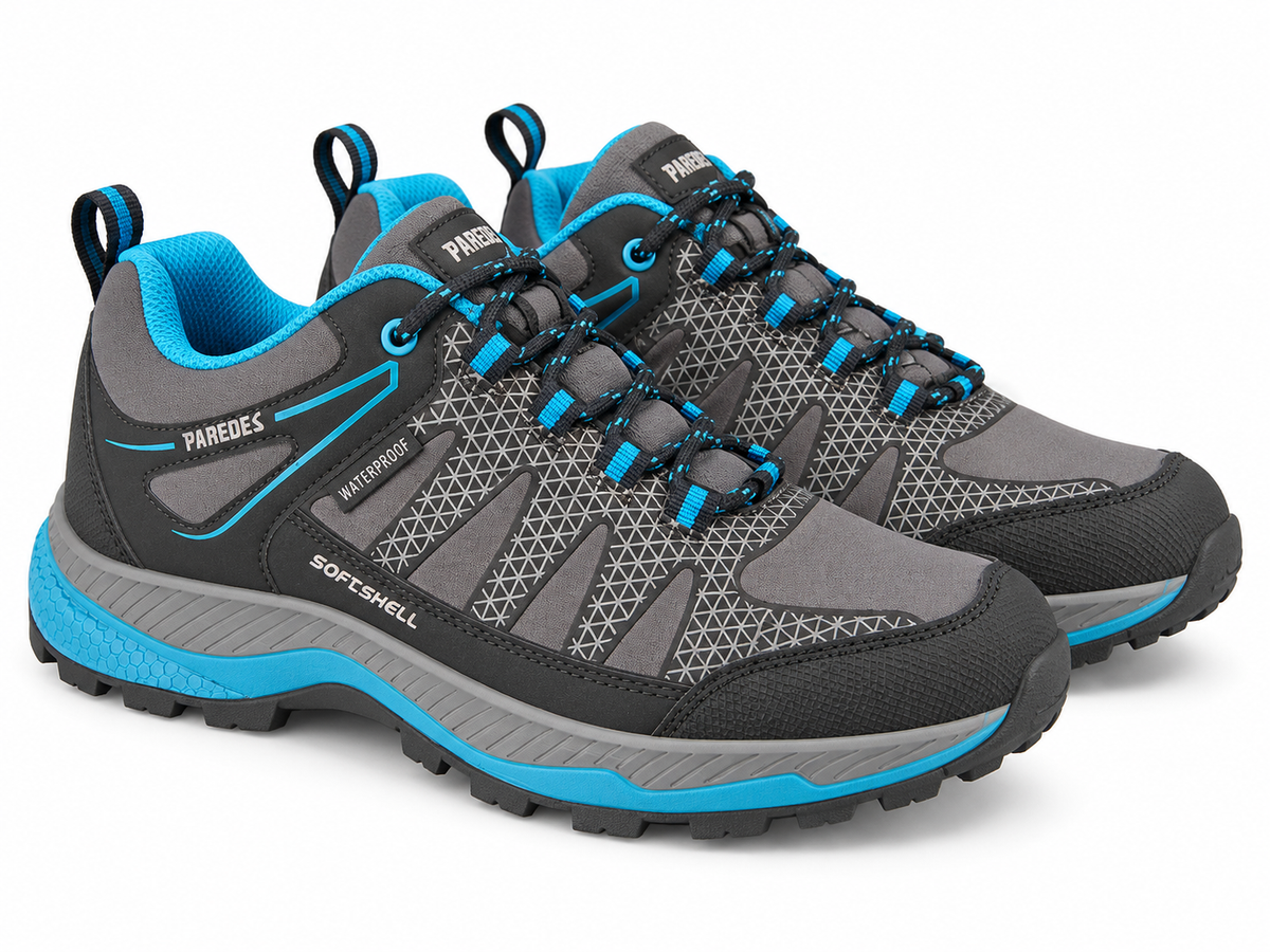 Zapatillas trekking mujer Paredes Setenil Gris Azul sobre fondo blanco