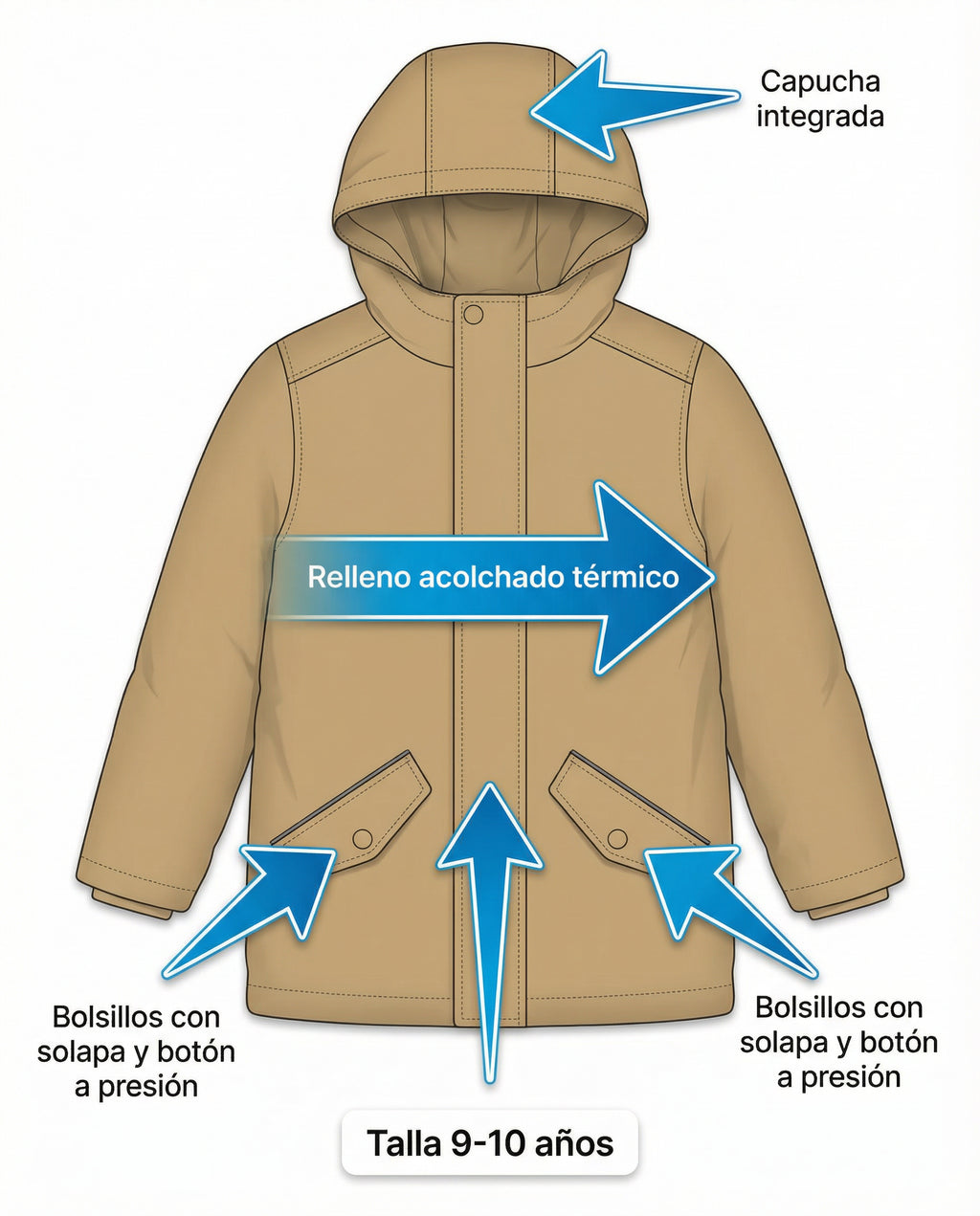 Parka Acolchada Infantil Beige con Capucha - Talla 9-10 Años | L&D