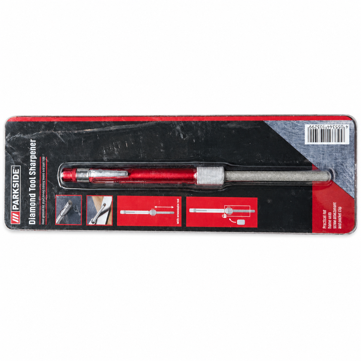 Afilador diamantado Parkside rojo en blister sobre fondo blanco