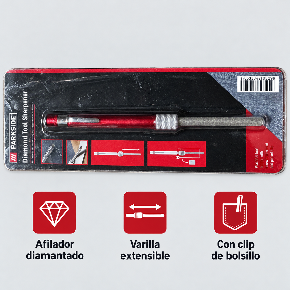 Afilador Parkside con varilla extensible y clip de bolsillo