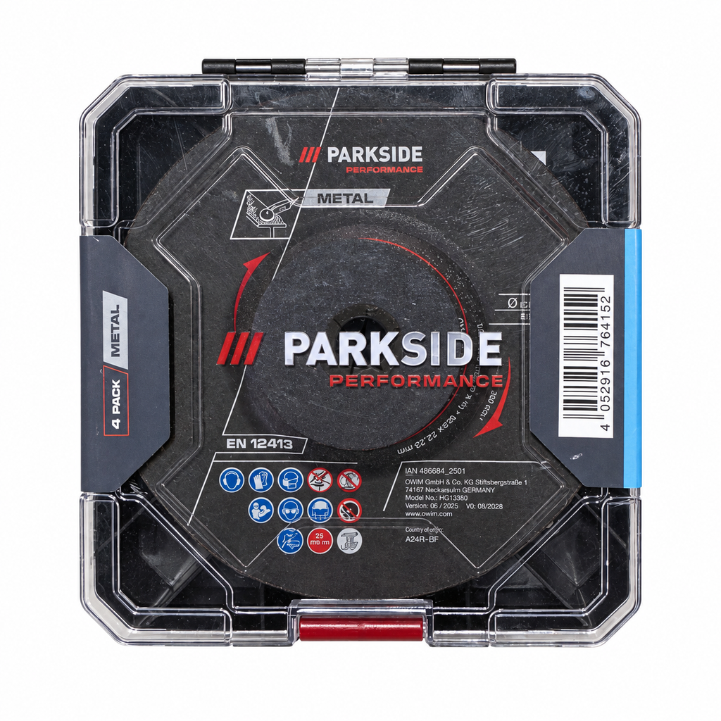 PARKSIDE PERFORMANCE pack de cuatro discos de desbaste para metal en estuche sobre blanco