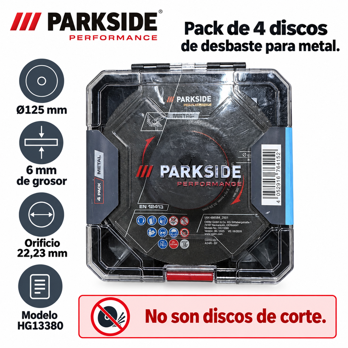 Medidas y características del pack de cuatro discos de desbaste PARKSIDE PERFORMANCE