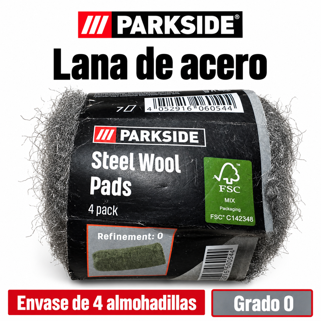 Características del envase Parkside de lana de acero: cuatro almohadillas y grado 0