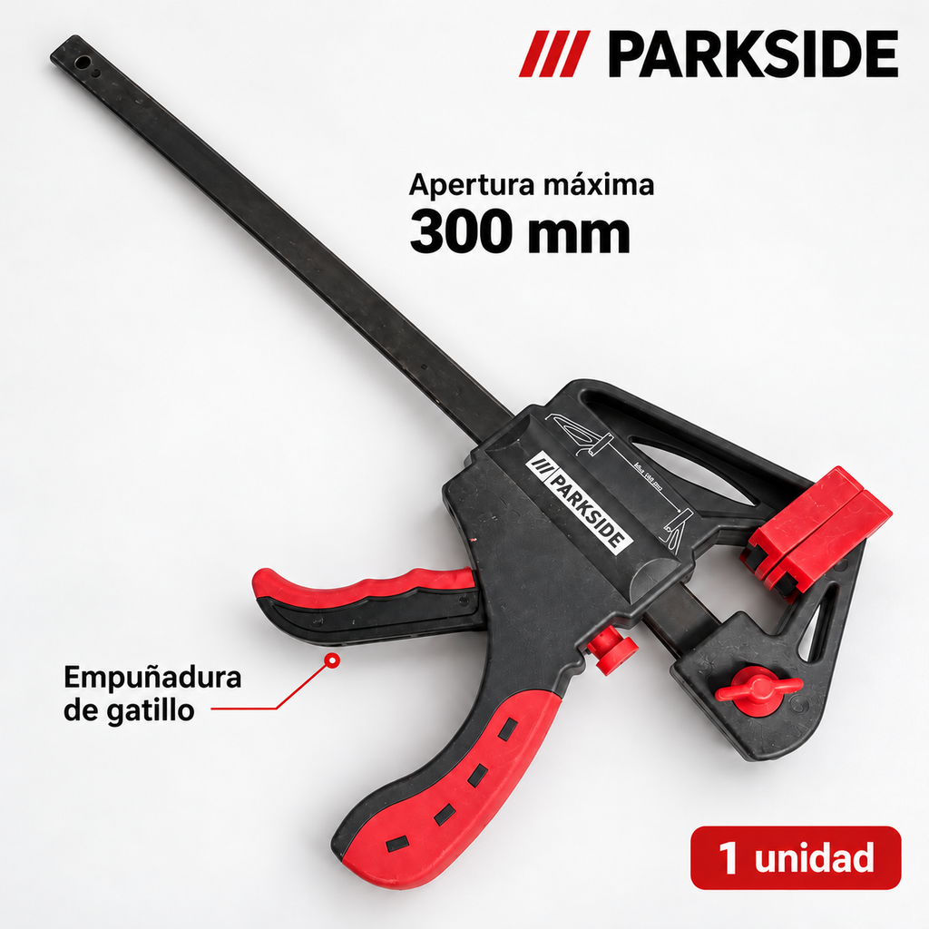 Características del sargento Parkside: apertura máxima 300 mm, empuñadura de gatillo y una unidad