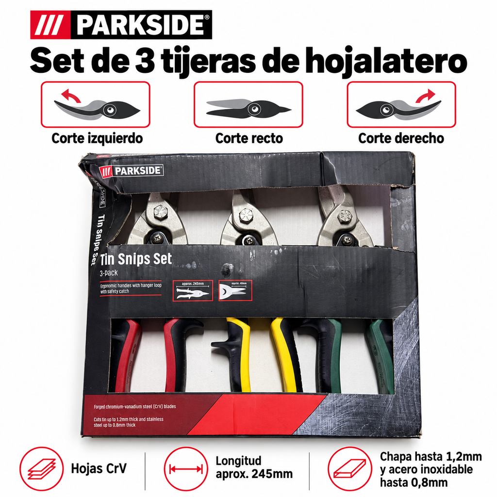 Características de las tres tijeras PARKSIDE: corte izquierdo, recto y derecho