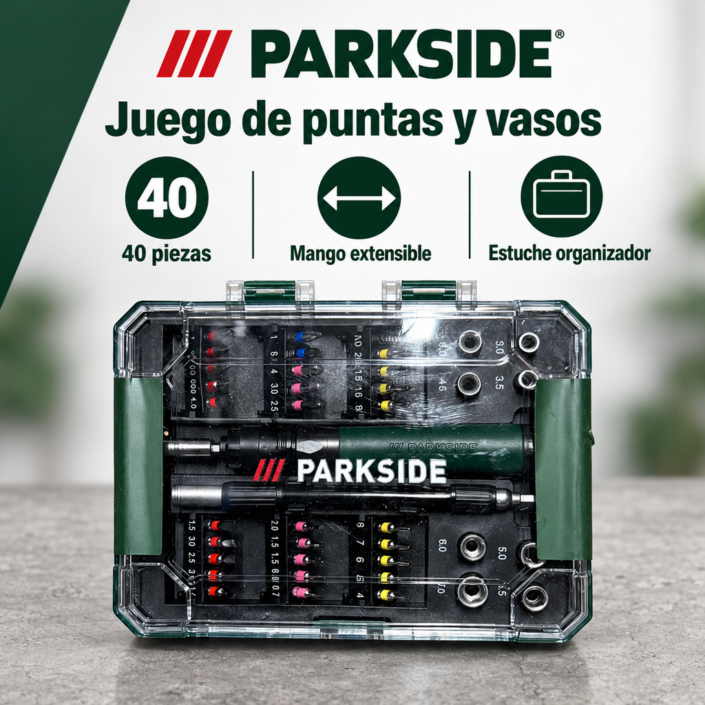 PARKSIDE juego de puntas y vasos de 40 piezas con características verificadas